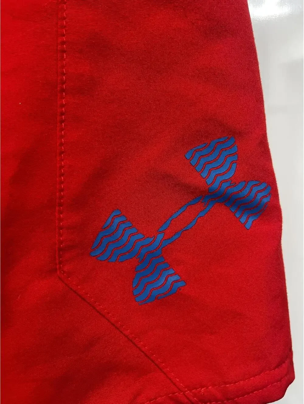 Under Armour Swim Board Shorts Red with Blue Drawstring & Logo Unlined Trunks